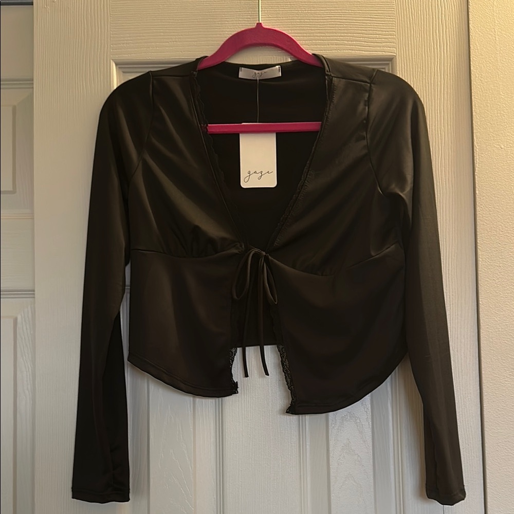 Gaze Black Long Sleeve Tie Front Blouse
